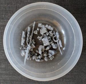A box showing the 46 parts of the Achillus Dreadnought kit from Forge World